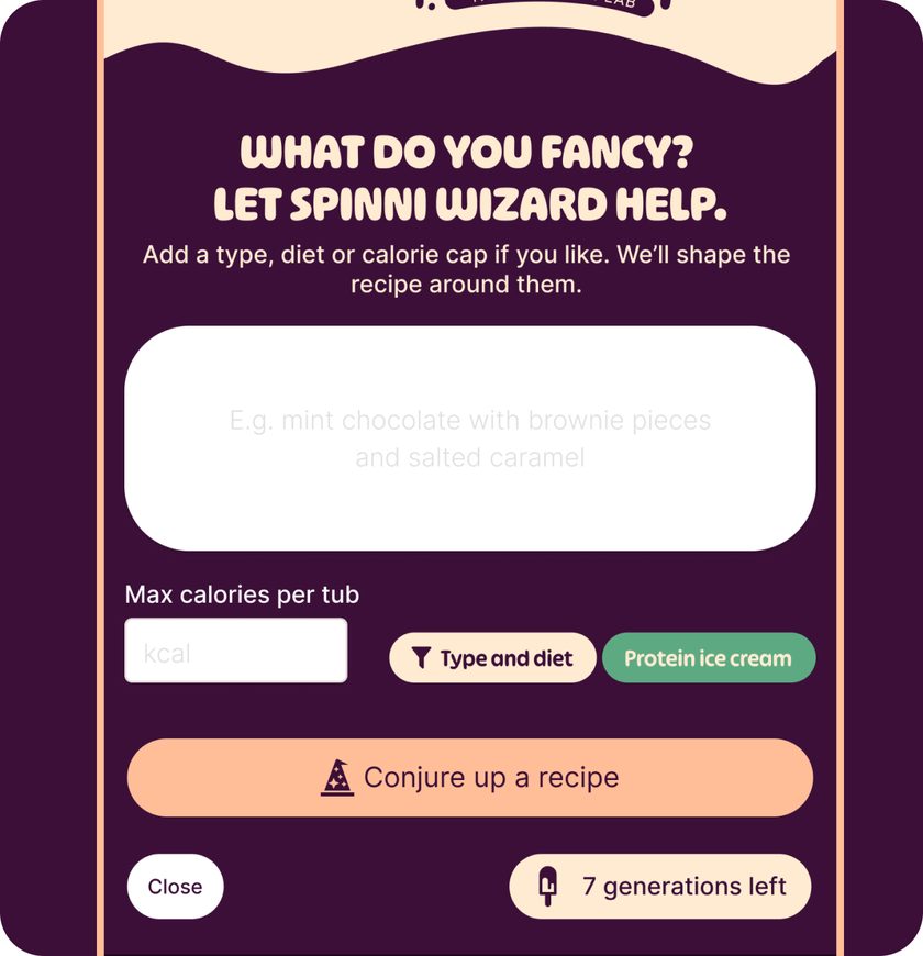 Spinni Wizard with type, diet and a calorie cap in the Skoopa app